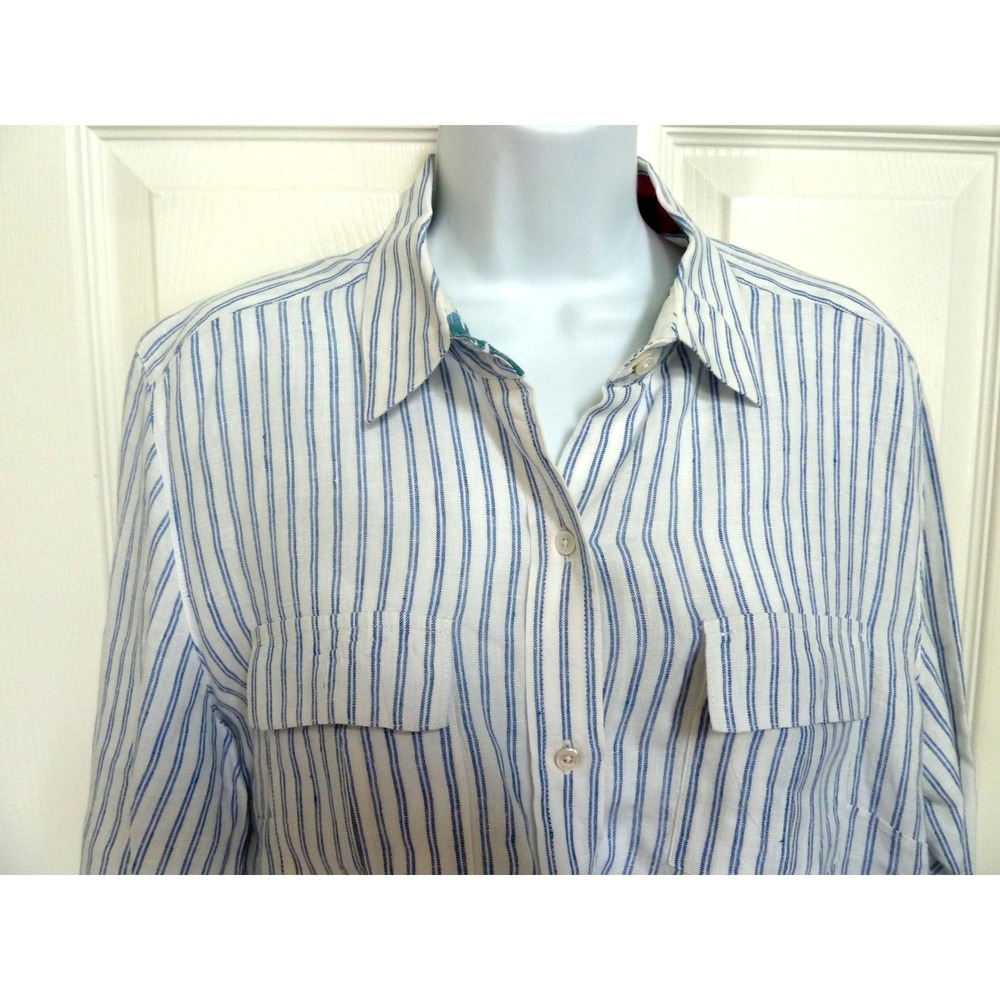 Tommy Bahama Womens Medium Blue White Striped Linen Roll Tab Sleeve Blouse Shirt